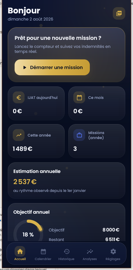 Écran d'accueil de l'application affichant les indemnités du jour, du mois et de l'année.