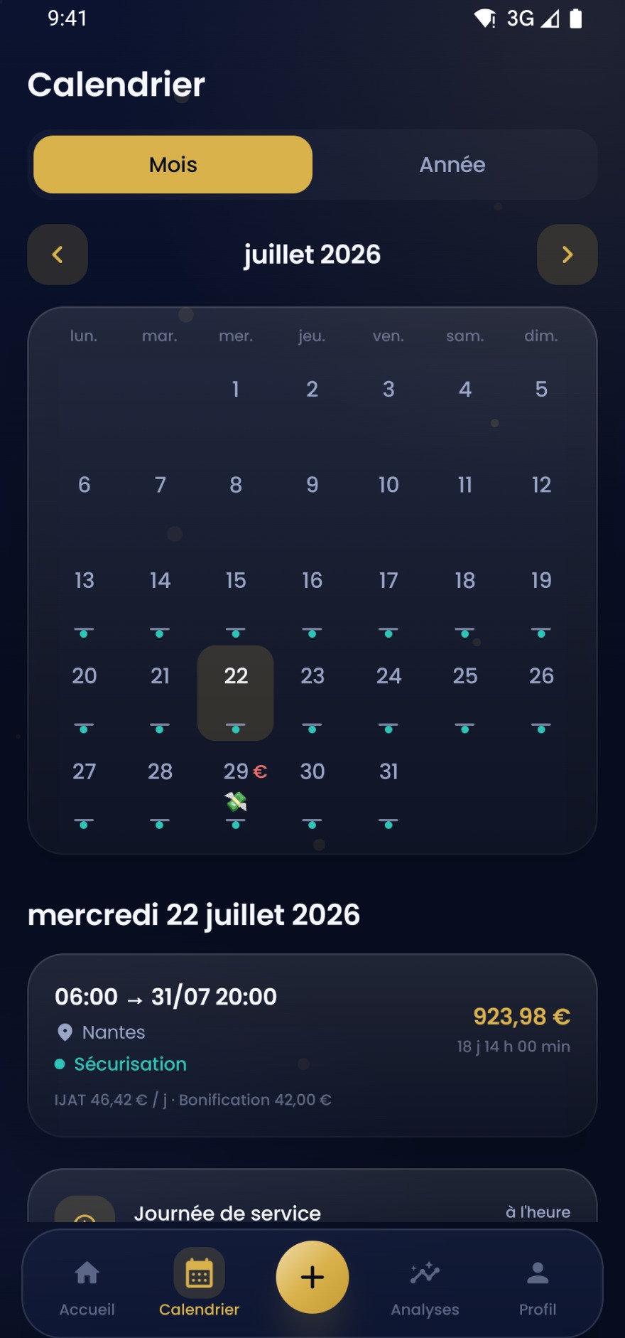 Calendrier mensuel avec les jours de mission signalés par des pastilles colorées.
