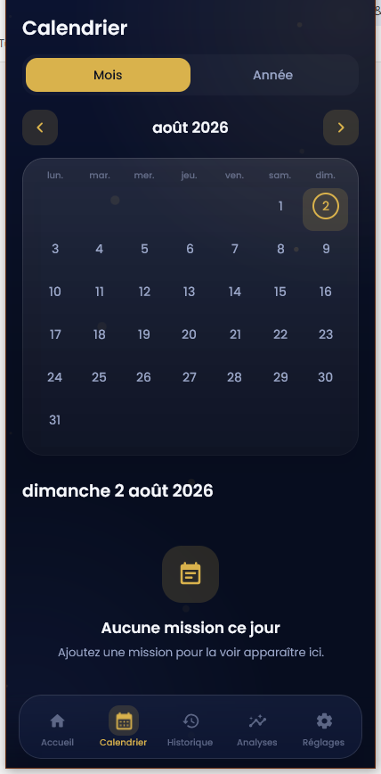 Calendrier mensuel avec les jours de mission signalés par des pastilles colorées.