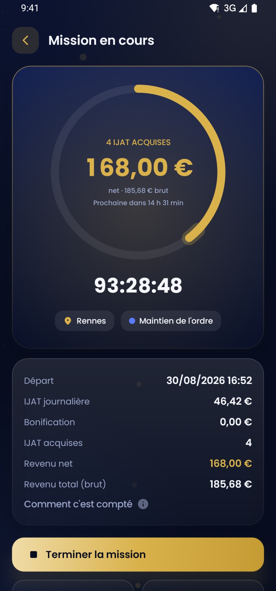 Compteur d'une mission en cours : quatre IJAT acquises, 168,00 € nets, et le temps restant avant la suivante.