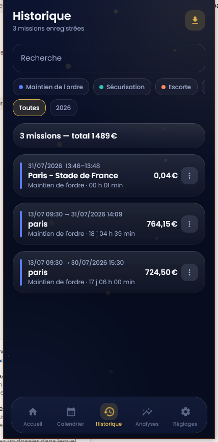 Historique des missions avec recherche, filtres par type et montant de chaque mission.