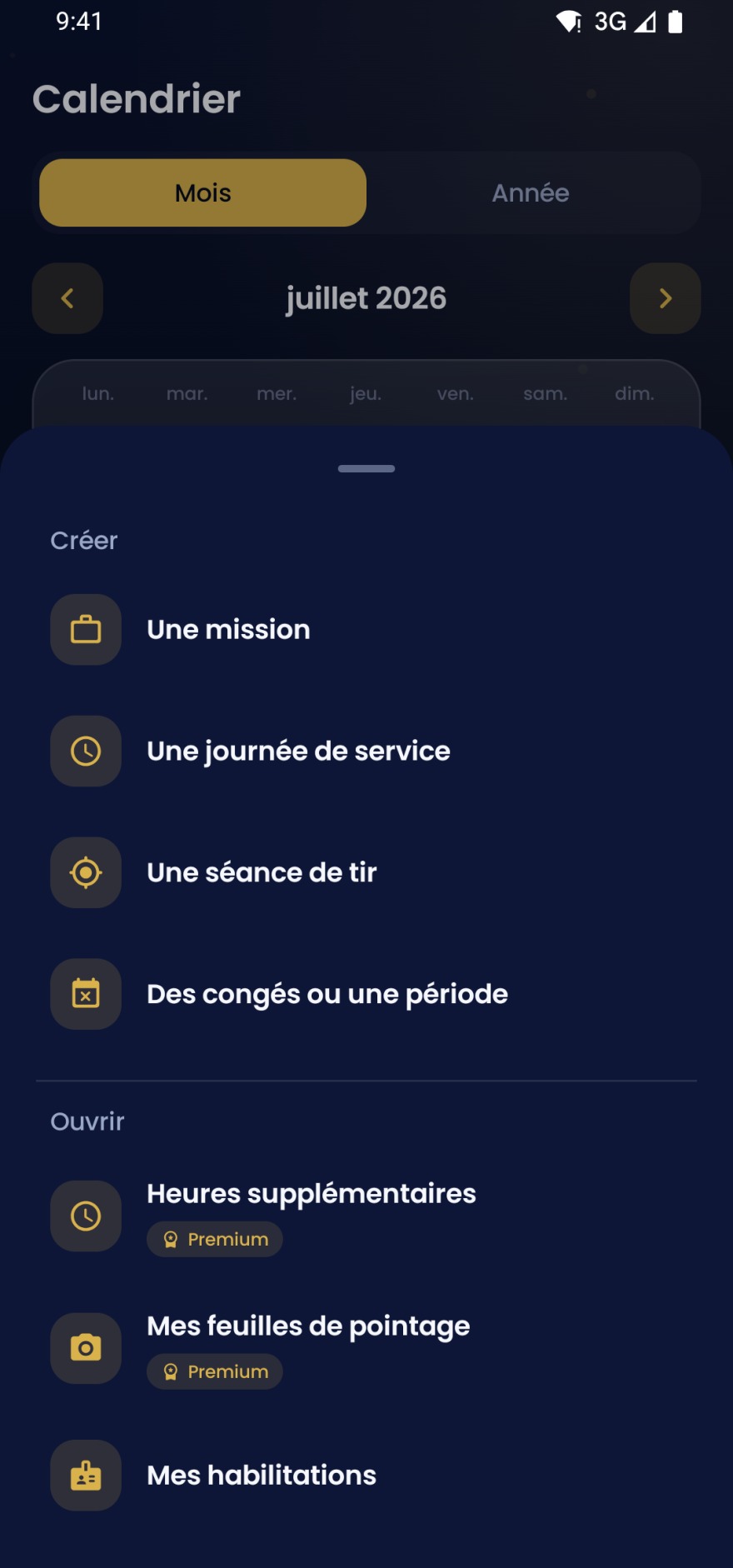 Panneau du bouton « + » : créer une mission, une journée, une séance de tir ou des congés, et ouvrir trois écrans.