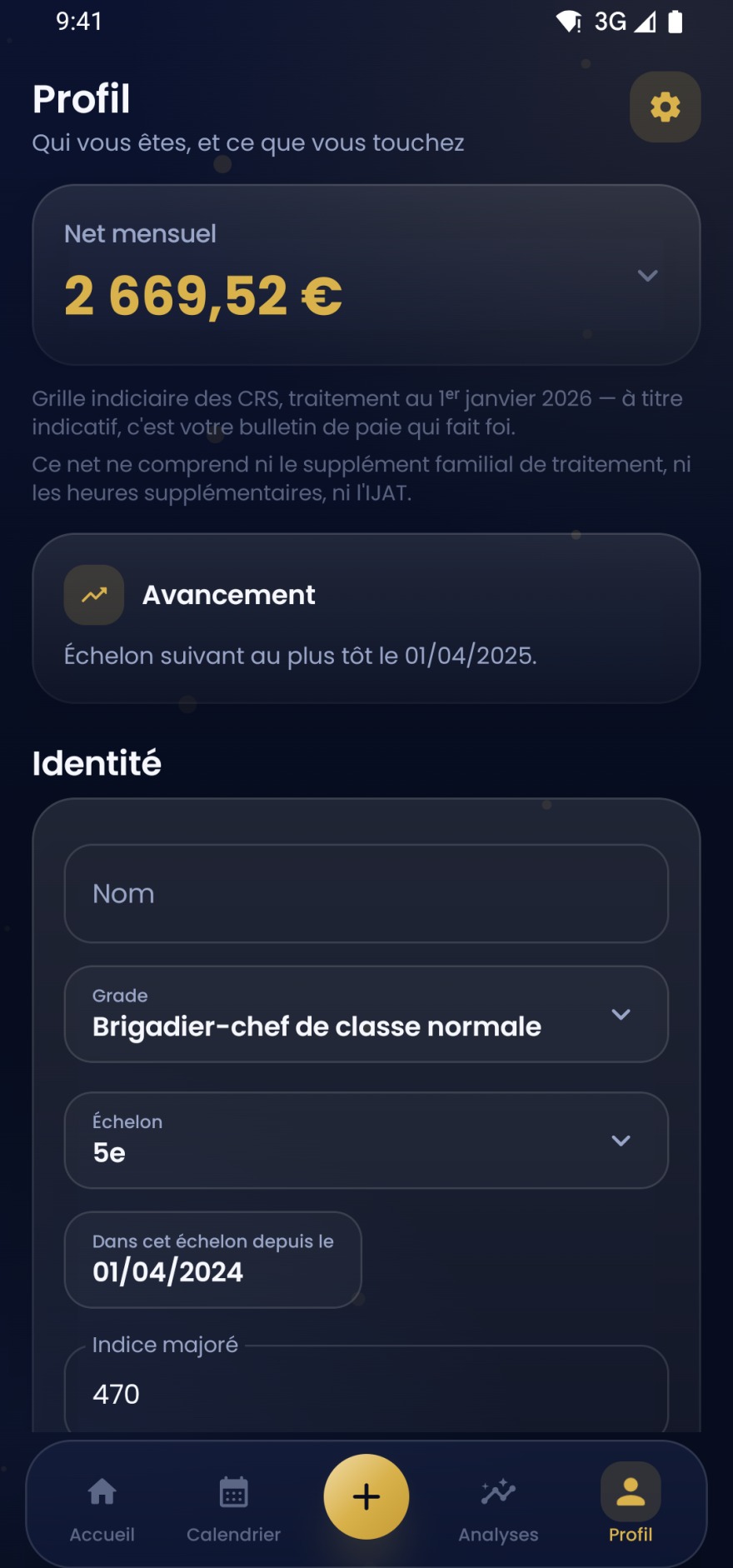 Écran de profil : net mensuel calculé d'après le grade et l'échelon, et date du prochain échelon.